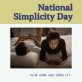 Composition of national simplicity day text over biracial couple reading book and using tablet