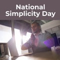 Composition of national simplicity day text over biracial man practicing yoga in office