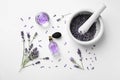 Composition with natural perfume and lavender flowers on white background. Cosmetic product