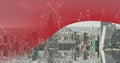 Composition of network of connections over cityscape with red curved banner background
