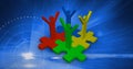 Composition of network of people icons over jigsaw puzzle and binary coding light trails Royalty Free Stock Photo