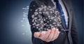 Composition of network of people\'s photographs and data forming globe over hand of businessman Royalty Free Stock Photo