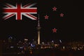 Composition of a New Zealand landscape of the city of Auckland with the flag of New Zealand. Backdrop, background or design