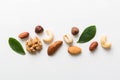 Composition of nuts , flat lay - mix hazelnuts, cashews, almonds on table background. healthy eating concepts and food Royalty Free Stock Photo