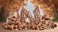 hazelnuts and chocolate on autumn background. Royalty Free Stock Photo