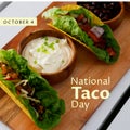 Composition of october 4 national taco day text with tacos on cutboard Royalty Free Stock Photo