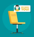 Composition with office chair and sign vacant. Business hiring and recruiting concept. Flat vector illustration Royalty Free Stock Photo
