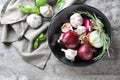 Composition with onions, garlic and herbs on wooden background Royalty Free Stock Photo