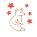 Composition orange fox and stars hand drawn doodle style. Scandinavian simple style