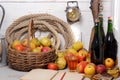 Organic fresh apples with bottle of Normandy cider