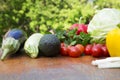 Composition of organic vegetables and fruits on rustic wooden ta Royalty Free Stock Photo