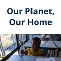 Composition of our planet, our home text over biracial girl with model of wind turbine