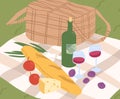 Composition for outdoor picnic serving on blanket vector flat illustration. Fresh tasty baguette, vine, cheese and