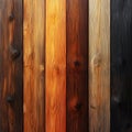 A composition of overlapping, colorful wooden planks with distinct grain patterns and knotty textures in natural light - Royalty Free Stock Photo