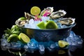 oysters with lime on ice bed isolated on dark background