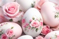 Composition of painted Easter eggs and pink roses . Gentle, spring Easter background Royalty Free Stock Photo