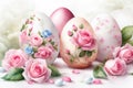 Composition of painted Easter eggs and pink roses . Gentle, spring Easter background Royalty Free Stock Photo