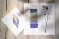 Composition of a palette, a dry natural plant and a drawing. Composition for your design Royalty Free Stock Photo