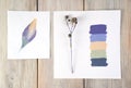 Composition of a palette, a dry natural plant and a drawing. Composition for your design Royalty Free Stock Photo