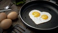 Cooking composition, egg in the shape of a heart with two yolks in a pan.