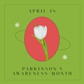 Composition of parkinson\'s awareness month and white tulip on green background