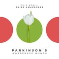 Composition of parkinson\'s awareness month and white tulip on green circle