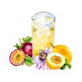 Composition of passion fruits and smoothies watercolor illustration isolated on white.