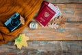 The composition of the passport, camera and compass top view