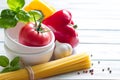 Composition with pasta cooking ingredients on wooden table in the kitchen still life art food Royalty Free Stock Photo