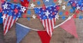 Composition Of Pennants With Stars And Stripes And Checks, In Colours Of American Flag, On Wood