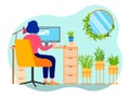 Composition people communicate in office, manager report by workers through computer, flat vector illustration, isolated