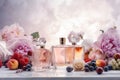 Perfume bottles, flowers and fruits on light background. Generative AI Royalty Free Stock Photo