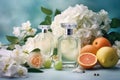 Perfume bottles, flowers and fruits on light background. Generative AI Royalty Free Stock Photo