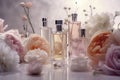 Perfume bottles, flowers and leaves on light background. Generative AI Royalty Free Stock Photo