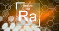 Composition of periodic table text radium 88 ra 226 over element structures on orange and brown