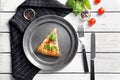 Composition with piece of delicious pizza Margherita on wooden background Royalty Free Stock Photo