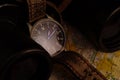 Composition of pilot wristwatch, map and binoculars Royalty Free Stock Photo