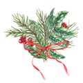 Composition of pine, spruce branches, Holly leaves with bright berries, lingonberry. Winter bouquet decorated red bow. Watercolor
