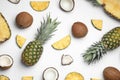 Composition with  and coconut on white background, top view Royalty Free Stock Photo