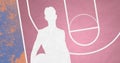 Composition of pink basketball court overhead and white player silhouette over textured background