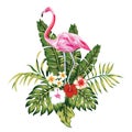 Composition of pink flamingo tropical leaves and flowers white b Royalty Free Stock Photo