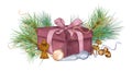 Composition of pink gift box, Christmas decorations digital illustration watercolor style isolated on white. Pine branch Royalty Free Stock Photo
