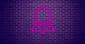 Composition of pink neon bell icon over purple brick wall background