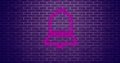 Composition of pink neon bell icon over purple brick wall background
