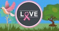 Composition of pink ribbon logo and love text on image of trees and bird