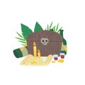 A composition of pirate things. A chest, gold, coins, a treasure map, bottles with rum, wineglasses with alcohol and candles.