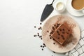 Composition with plate tasty tiramisu on white background. Delicious dessert