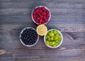 Composition from plates with raspberries, grapes, currants