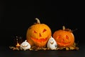 Composition with pumpkin heads. Jack lantern - traditional Halloween decor