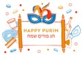 Composition for Purim with scroll, mask and traditional objects and ffod. Title in Hebrew
